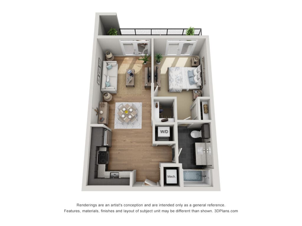 3D rendering of a modern apartment layout at Latitude at Presidio Apartments in Cedar Park, Texas, showcasing a well-designed living space with clear delineations for the living room, bedroom, kitchen, and bathroom.