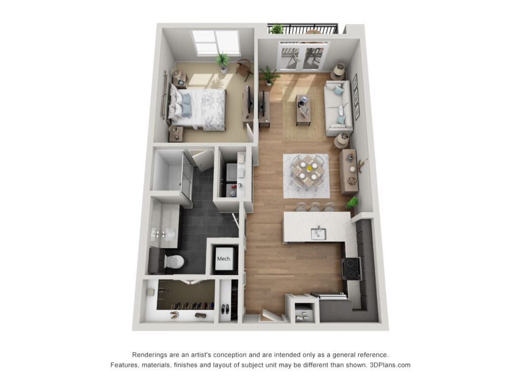 3D rendering of a modern apartment floor plan at Latitude at Presidio Apartments, Cedar Park, Texas, showcasing detailed interior layout and design.