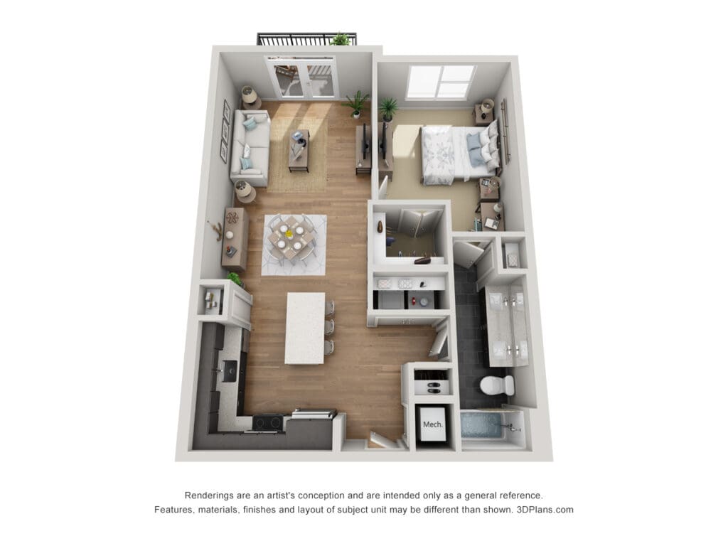 3D floor plan of a stylish apartment in Latitude at Presidio Apartments, Cedar Park, Texas, featuring a spacious layout with distinct living, dining, and sleeping areas.