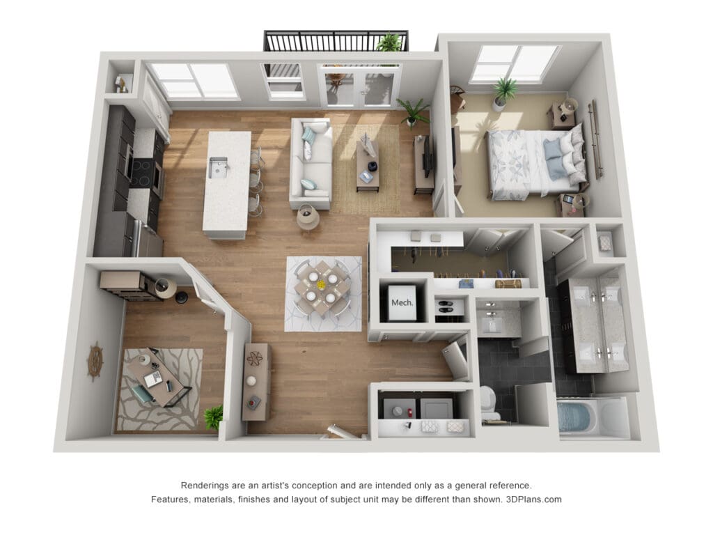3D rendering of a stylish apartment layout at Latitude at Presidio Apartments in Cedar Park, Texas, showcasing a spacious living area and fully equipped kitchen.