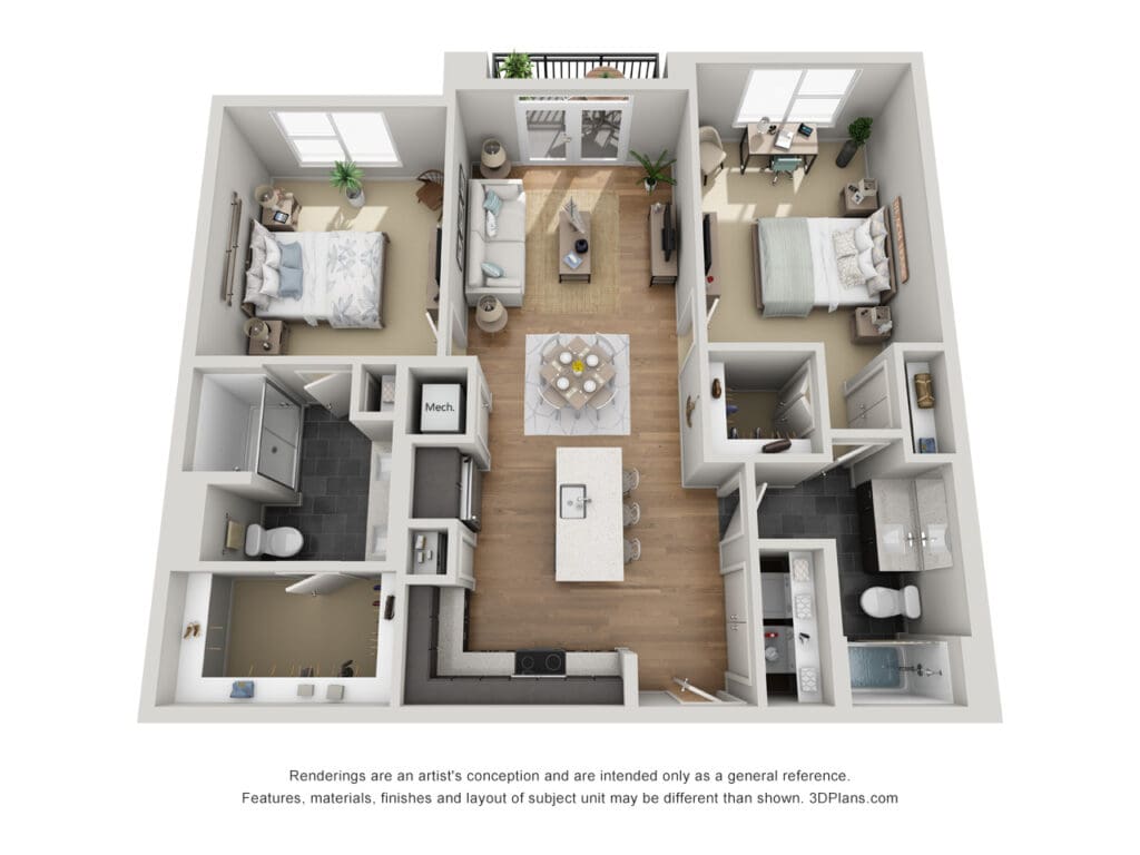 3D rendering of a modern apartment layout at Latitude at Presidio Apartments in Cedar Park, Texas, showcasing a spacious interior with multiple rooms.