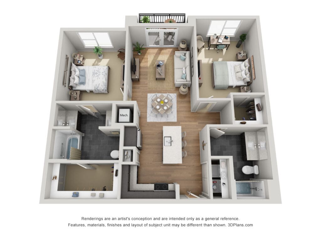 3D rendering of a modern apartment layout at Latitude at Presidio Apartments in Cedar Park, Texas, featuring multiple rooms with detailed decorations and furniture arrangements.