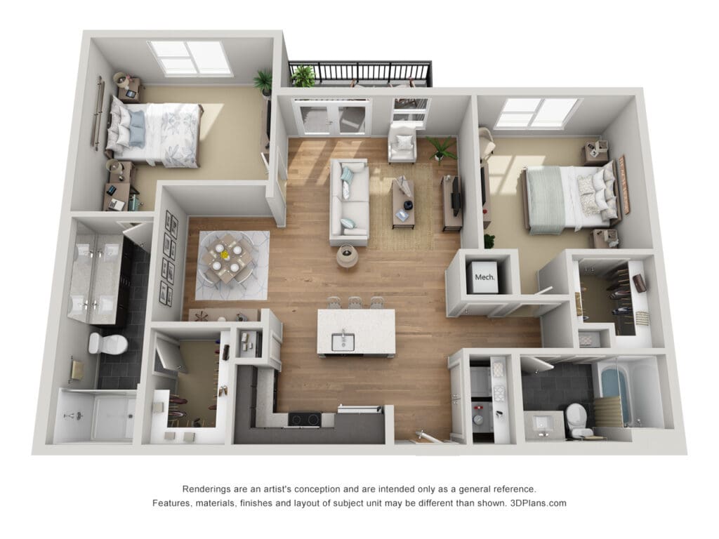 3D floor plan rendering of an apartment layout at Latitude at Presidio Apartments in Cedar Park, Texas, showcasing the interior design and room arrangement.