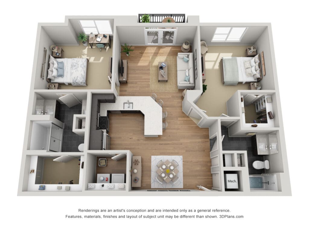 3D floor plan of a modern apartment at Latitude at Presidio Apartments in Cedar Park, Texas, showcasing a spacious layout with multiple rooms.