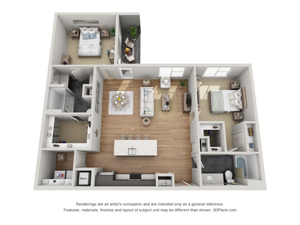 3D floor plan rendering of a modern two-bedroom apartment at Latitude at Presidio Apartments, Cedar Park, Texas, showcasing layout and design.