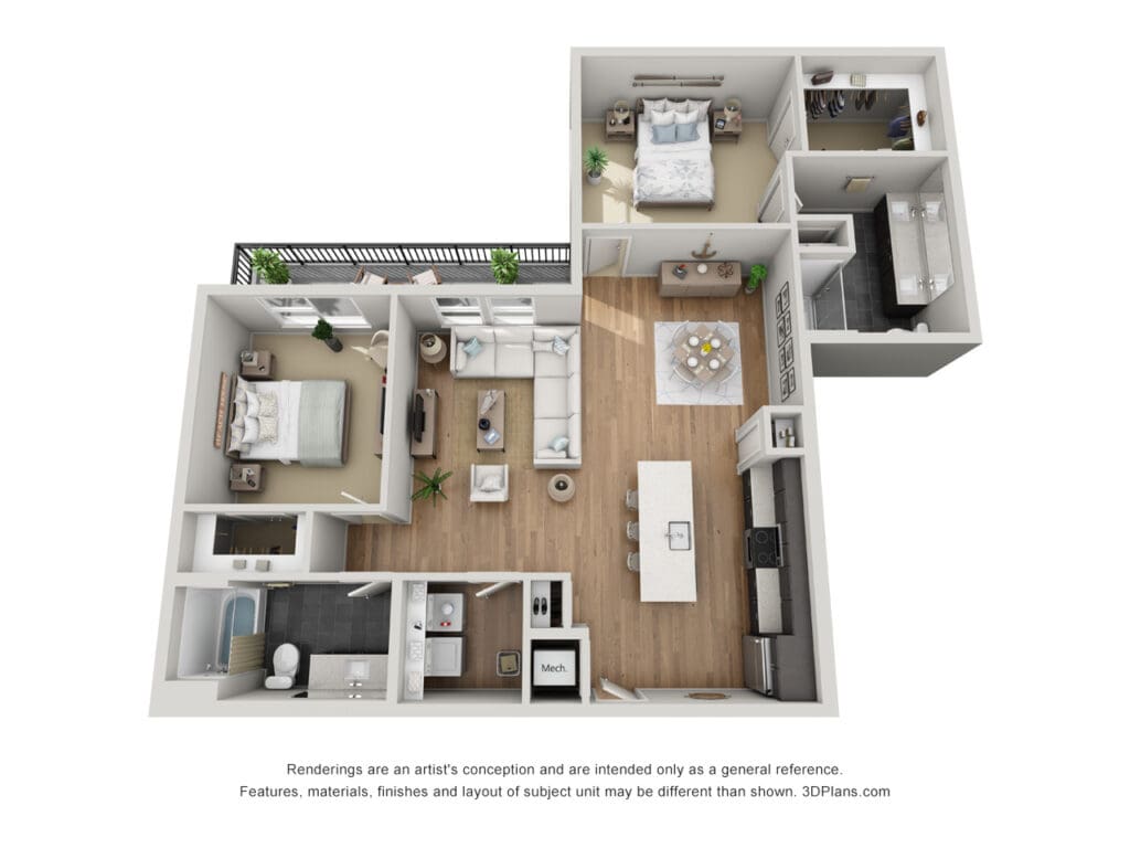 3D overhead view of a modern apartment layout at Latitude at Presidio Apartments in Cedar Park, Texas showing the living areas and bedrooms.