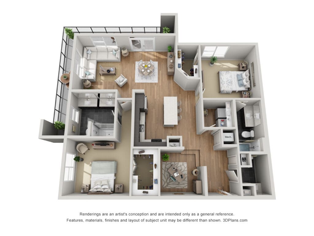 3D rendering of a modern apartment layout at Latitude at Presidio Apartments in Cedar Park, Texas, showcasing a top-down view of the interior design and room arrangement.