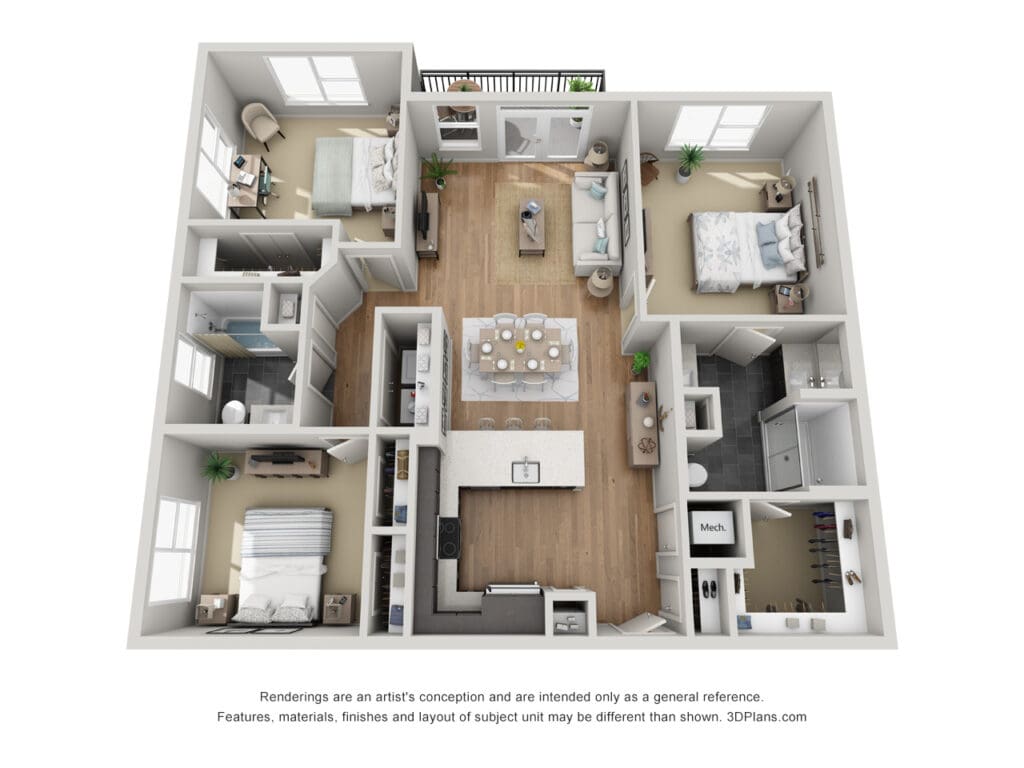Bird's eye view of a modern and spacious apartment layout at Latitude at Presidio Apartments in Cedar Park, Texas, featuring well-designed living areas and contemporary furnishing.