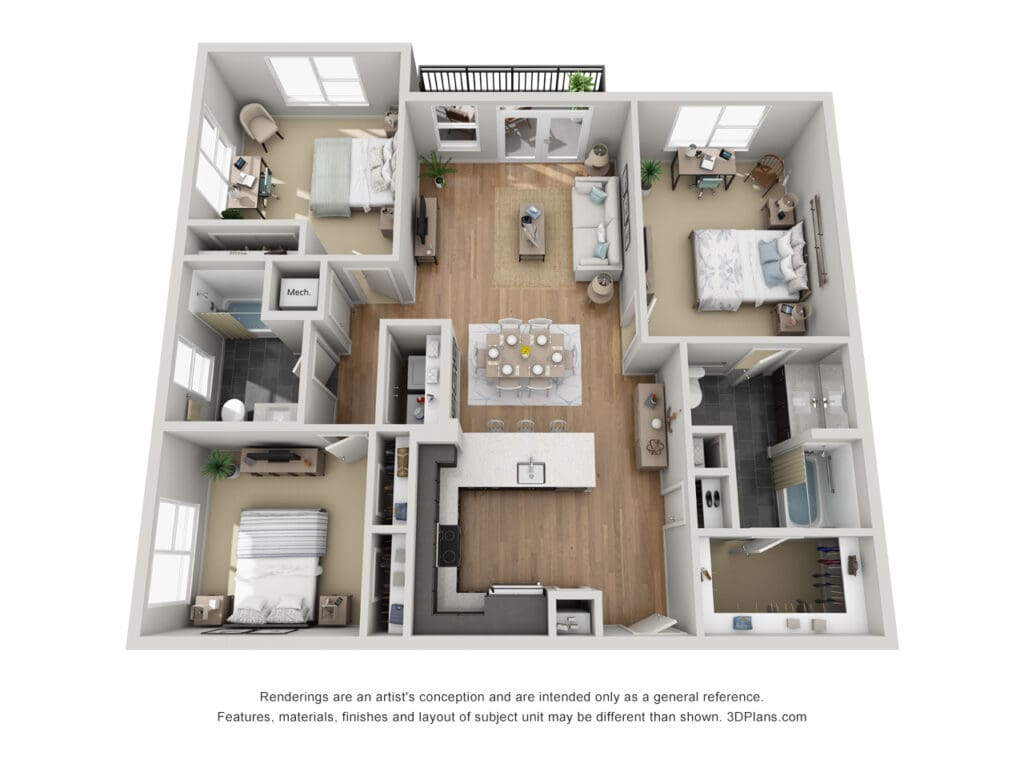 A detailed 3D floor plan rendering of Latitude at Presidio Apartments located in Cedar Park, Texas, showcasing layout and room designs.