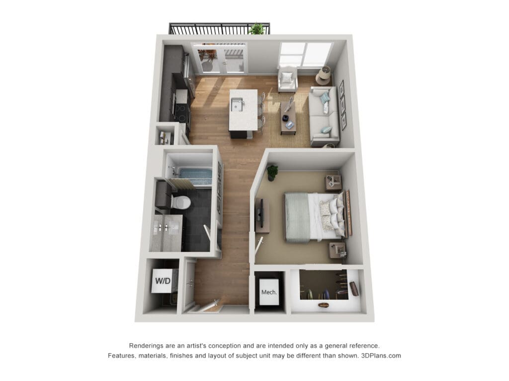 Overhead view of a modern apartment layout at Latitude at Presidio Apartments in Cedar Park, Texas, showcasing well-designed living spaces and interior details.